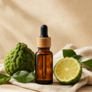 以琥珀色 10ml 滴管瓶、完整與切開的佛手柑、深綠葉片、亞麻布及暖米色背景構成