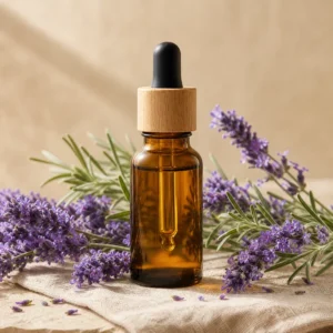 10ml 琥珀色滴管瓶、自然紫色真正薰衣草、銀綠葉片、亞麻布與暖米色背景構成