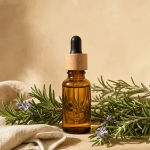 以 10ml 琥珀色滴管瓶、深綠迷迭香枝葉、少量藍紫小花、亞麻布與暖米色背景構成